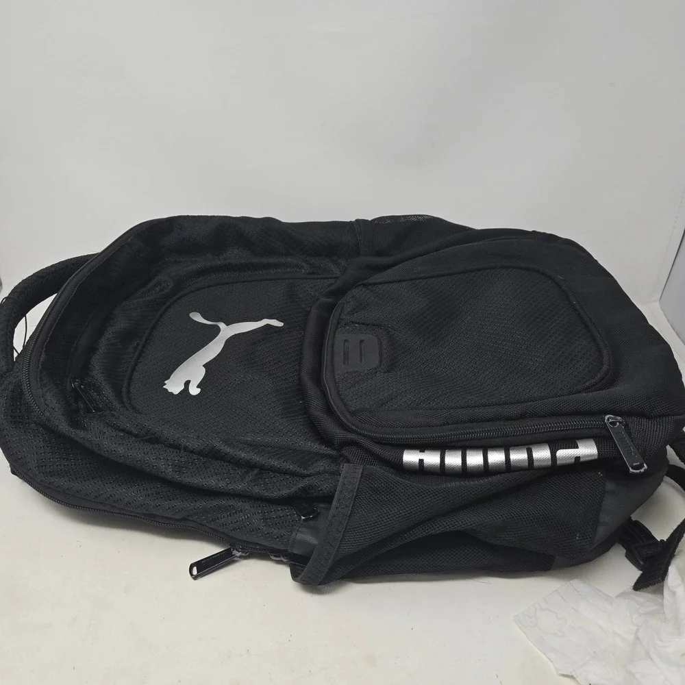 Puma‎ Black Backpack Silver Cat Logo Multi Pocket School Gym Travel Bag